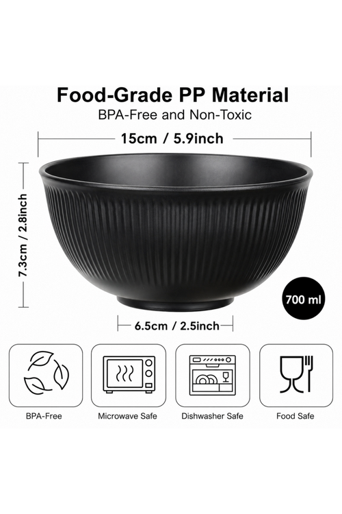 Set of 6 Plastic Cereal Bowls – Unbreakable Bowls for Fruit, Breakfast, Salad, Soup, Ramen, and Snacks – Black